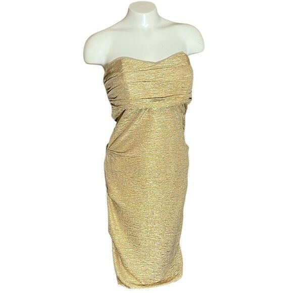 Rubber Duckie Gold Sparkling Strapless Ruched Dress Disco Cocktail - Picture 1 of 10